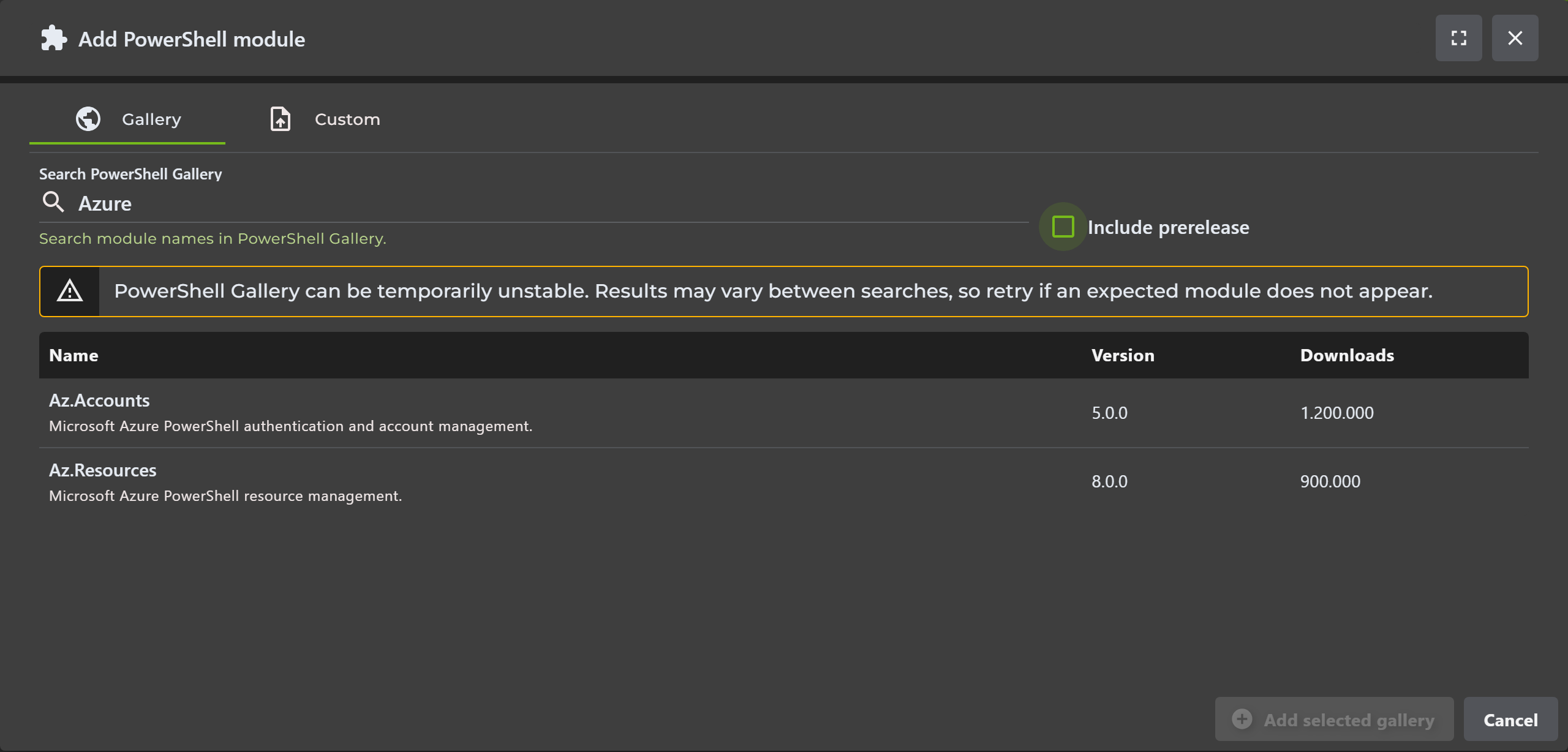 Search PowerShell Gallery in the add module dialog