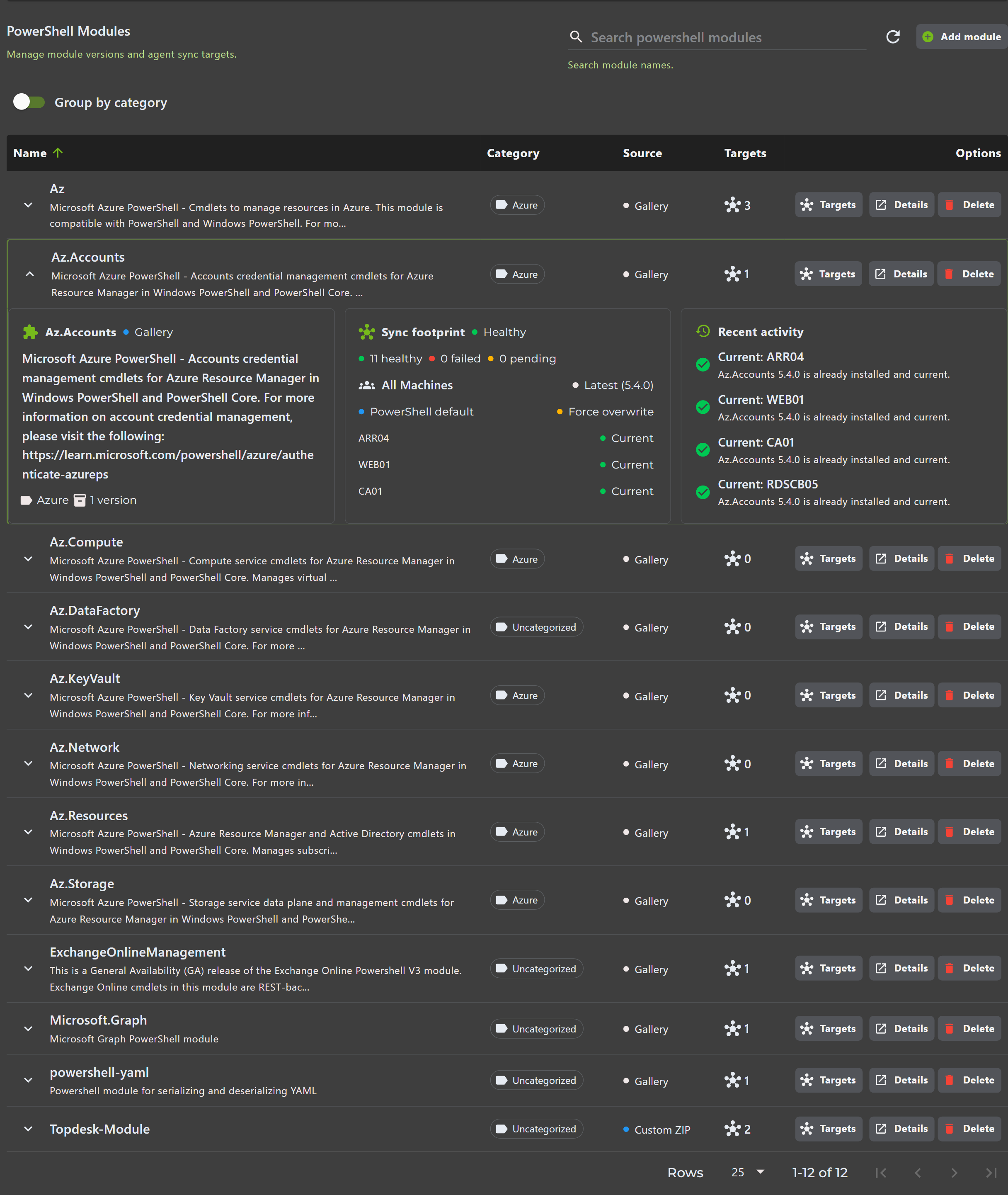 Expanded module row with versions, settings, and sync information