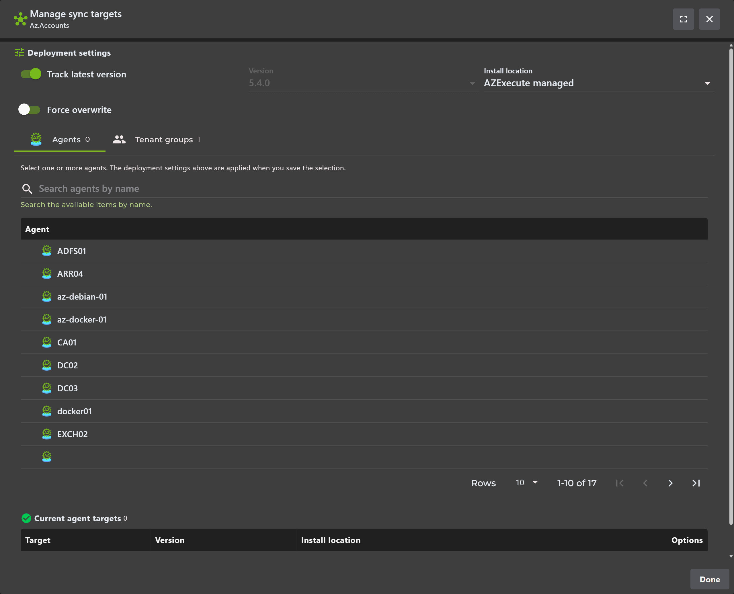Manage PowerShell module sync targets dialog