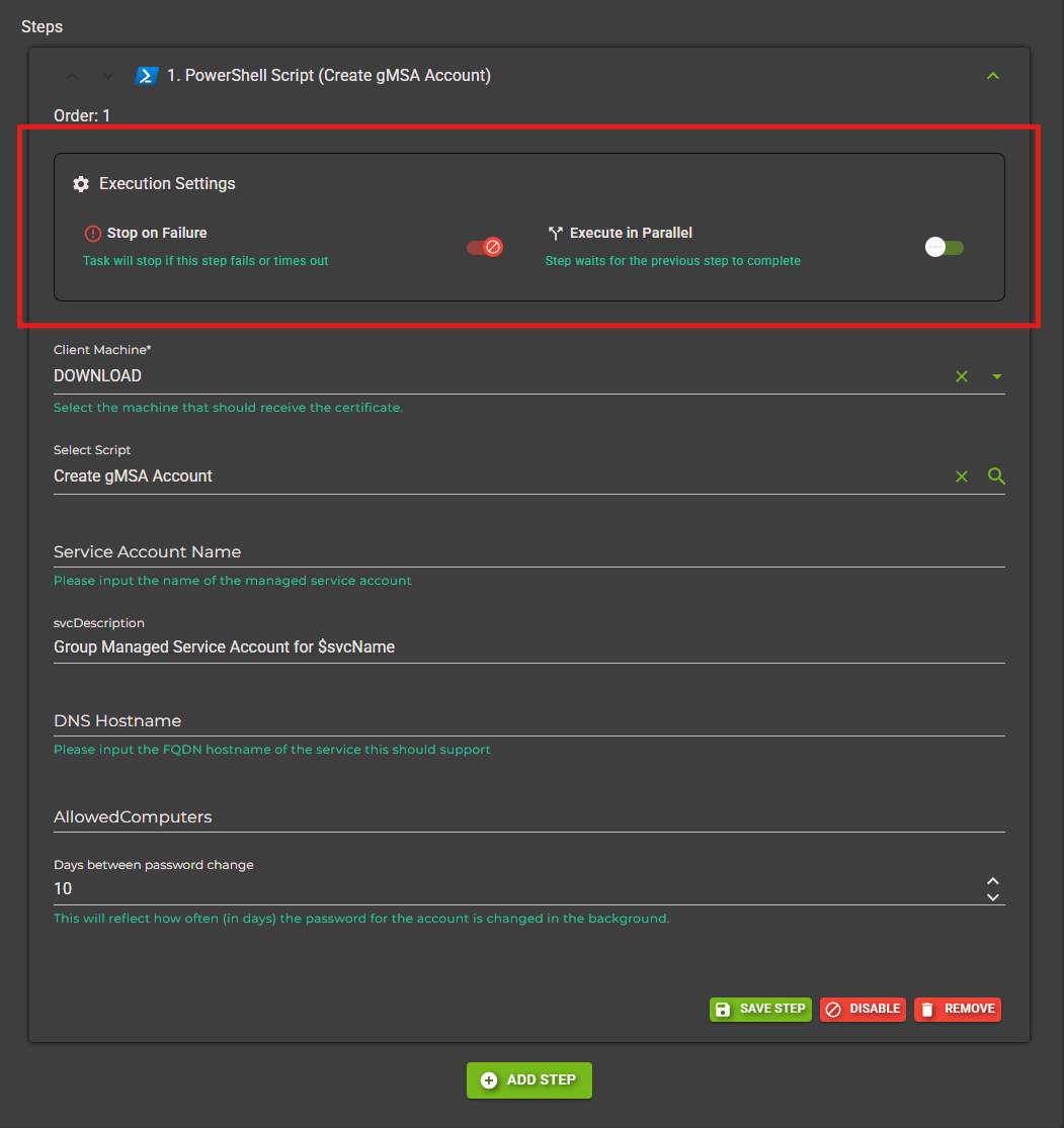 Step Execution Settings