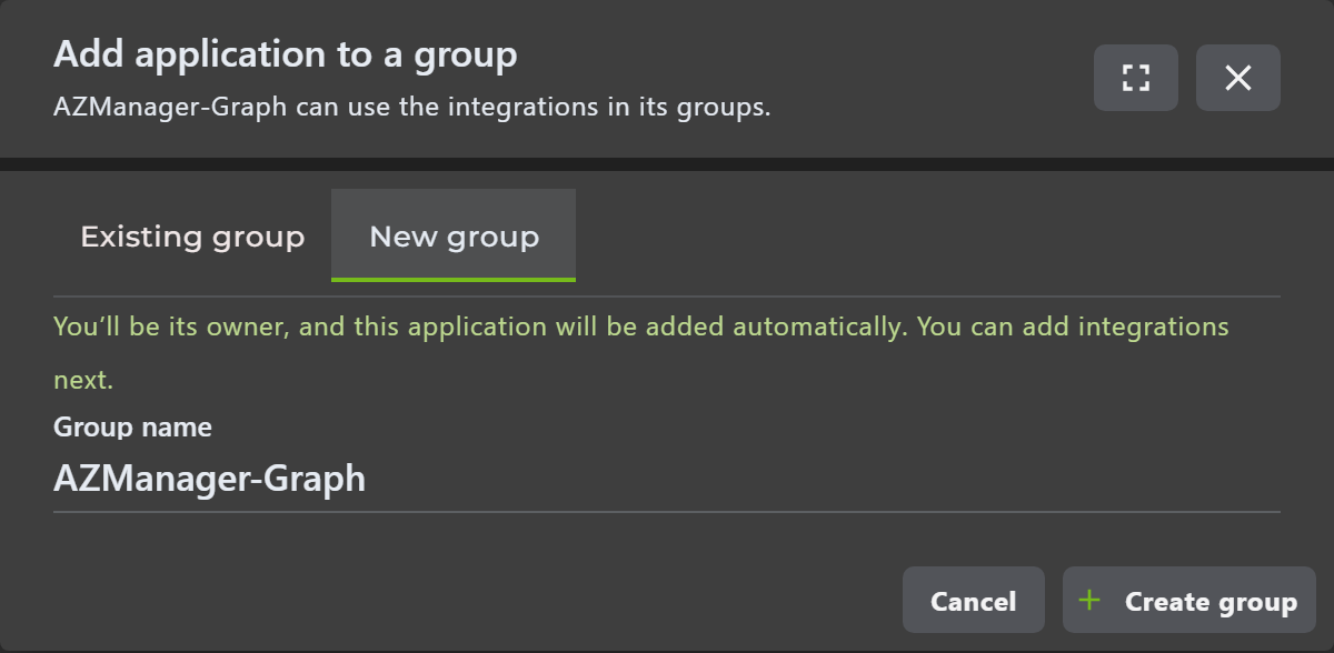 Add application to a new group with the application display name already filled in