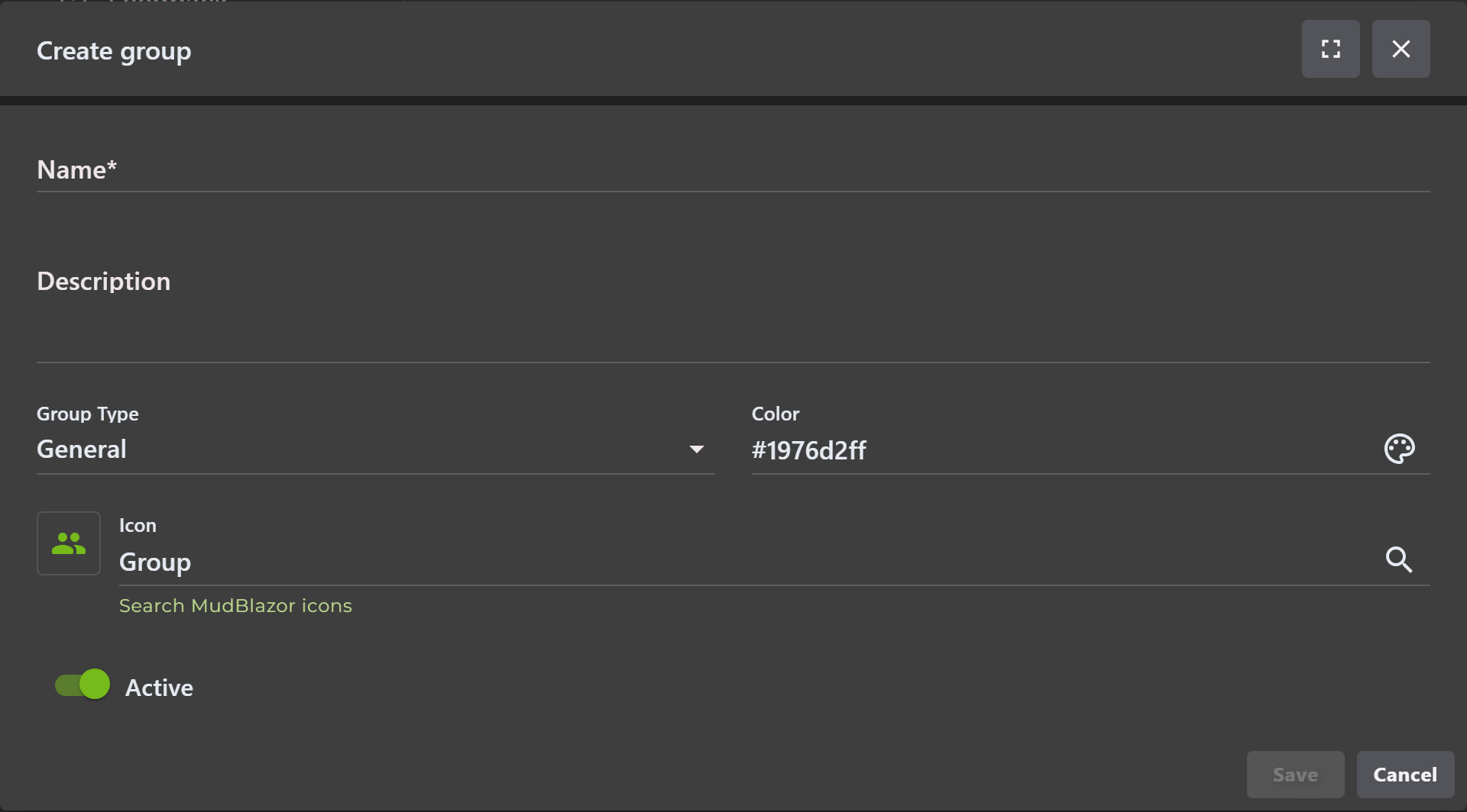 Create group form with name, description, type, color, icon, and active status