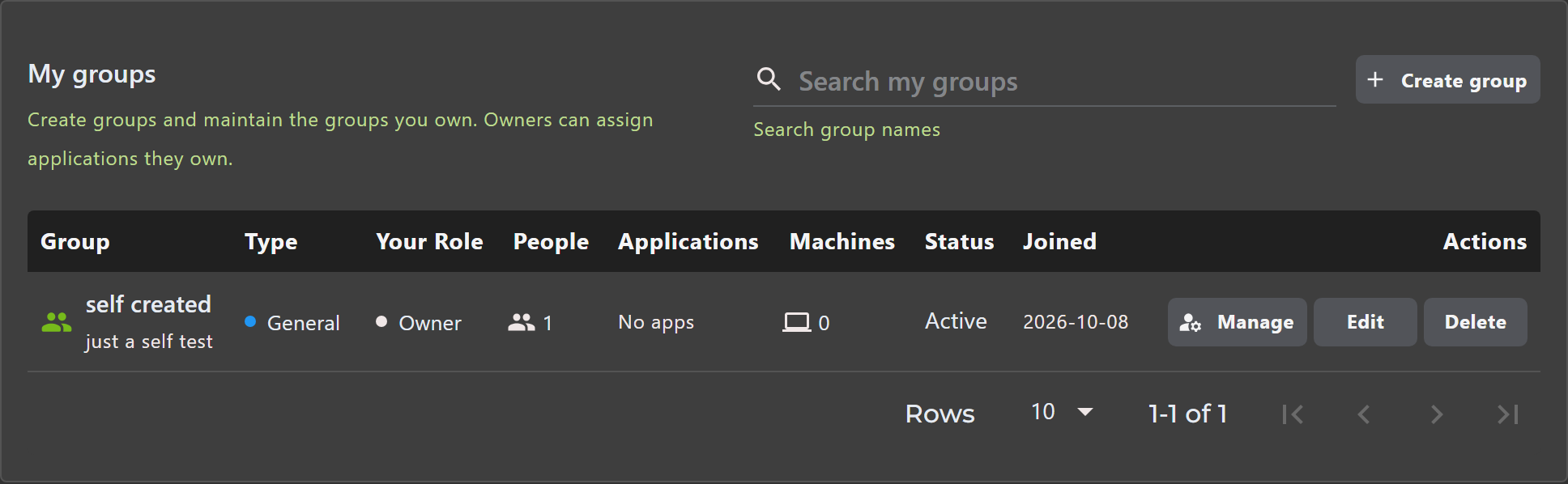 My groups showing an owned group and its Manage, Edit, and Delete actions
