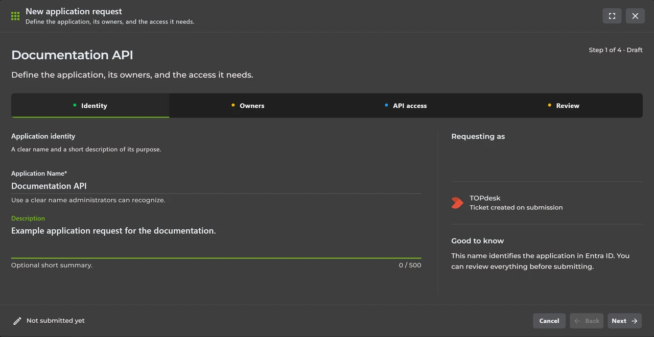 New application request with guided Identity, Owners, API access, and Review steps
